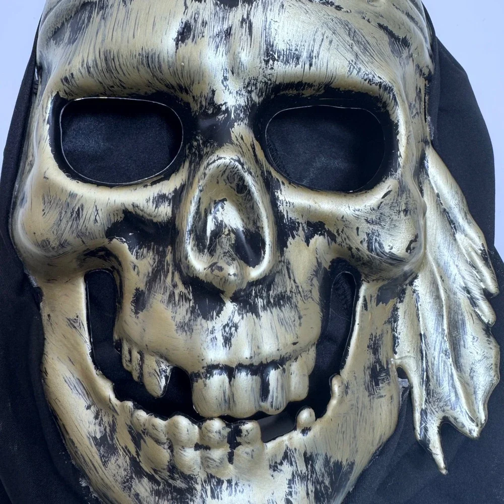 Gold‎ Pirate Skull Mask Black Hood Crossed Swords Dark Halloween Party Costume